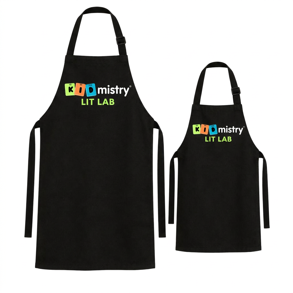 An adult and a child wearing matching black KIDmistry Lit Lab Aprons